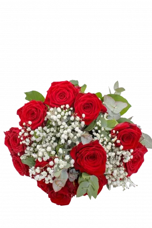 Blumenstrauß 'Rosenträume' mit strahlenden roten Rosen, umrahmt von weißem Schleierkraut und feinem Grün.