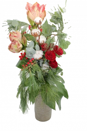 Blumenstrauß Zimt und Zauber aus Amaryllis, Hypericum, verzweigten Rosen und Baumwolle.